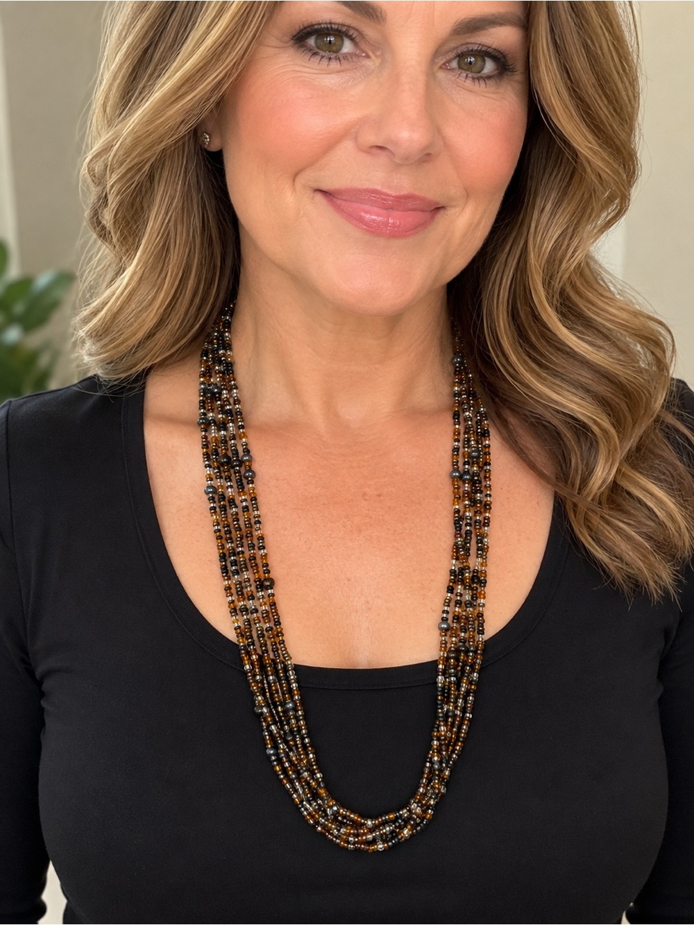 Premier Designs Retired Multi Strand Seed Bead Necklace Brown Bronze Black Fall